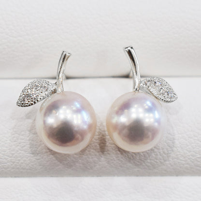 Hanadama rank Whitepink 7.5mm - 8.5mm Earring Diamond 0.02ct Seawater Real Akoya Pearl Japan anniversary Earring K18WG Japanese Wedding Jewelry reenspearl