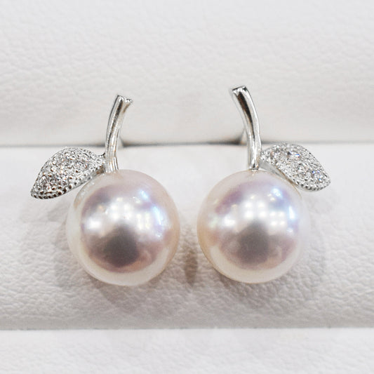 Hanadama rank Whitepink 7.5mm - 8.5mm Earring Diamond 0.02ct Seawater Real Akoya Pearl Japan anniversary Earring K18WG Japanese Wedding Jewelry reenspearl