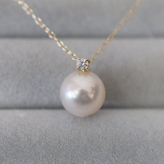 Hanadama rank White pink 8mm - 9.5mm Birthstone Diamond 10K pendant necklace Akoya Pearl Real Japan Seawater pearl