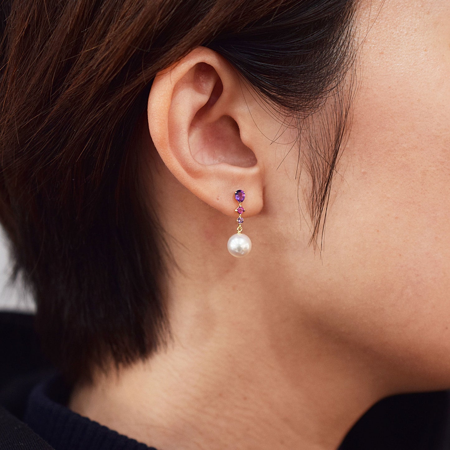 Hanadama rank Whitepink 7.5mm - 8.5mm K18YG Earrings Semi-precious stone Japan Amethyst Rhodolite Garnet 00061