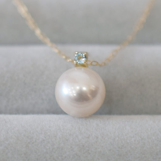 Hanadama rank White pink 8mm - 9.5mm Birthstone Blue Topaz 10K pendant necklace Akoya Pearl Real Japan Seawater pearl
