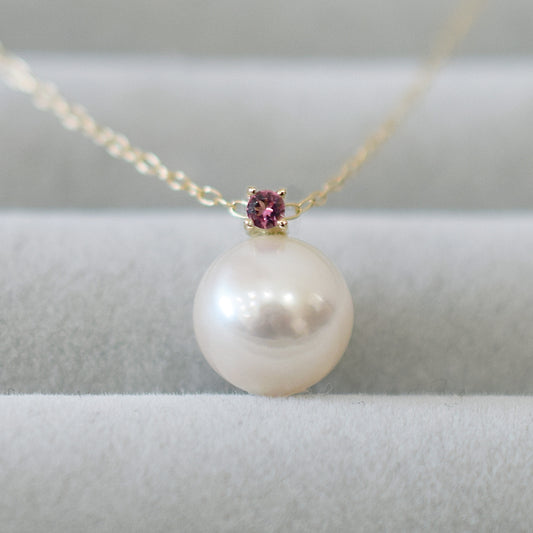 Hanadama rank White pink 8mm - 9.5mm Birthstone Pink tourmaline 10K pendant necklace Akoya Pearl Real Japan Seawater pearl