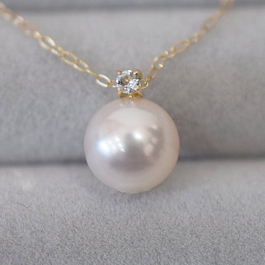 Hanadama rank White pink 8mm - 9.5mm Birthstone Aquamarine 10K pendant necklace Akoya Pearl Real Japan Seawater pearl