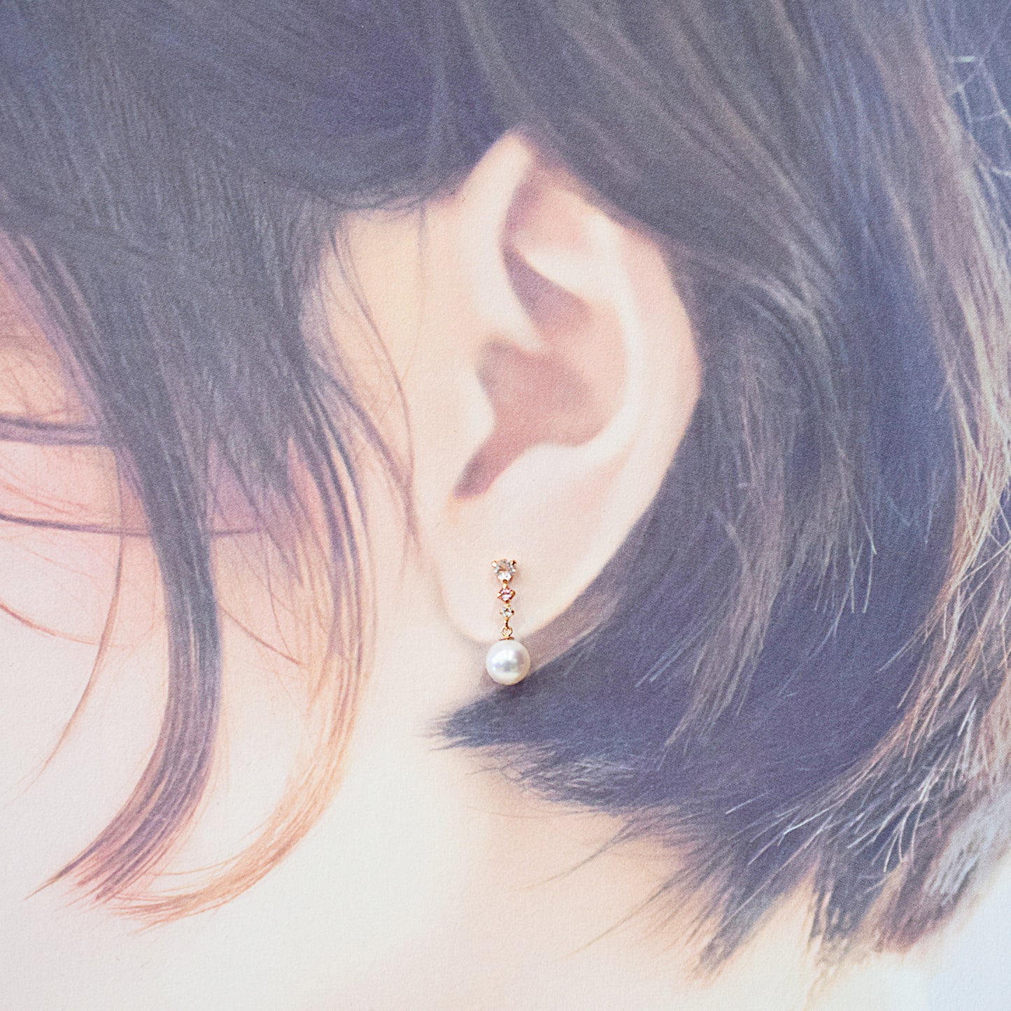 Hanadama rank K18PG 5.5mm - 6.5mm White pink Real Akoya Pearl Earrings Semi-precious stone Japan White topaz Rose Quartz Pink tourmaline