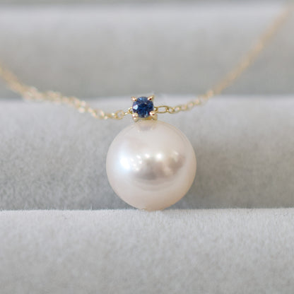 Hanadama rank White pink 8mm - 9.5mm Birthstone Sapphire 10K pendant necklace Akoya Pearl Real Japan Seawater pearl