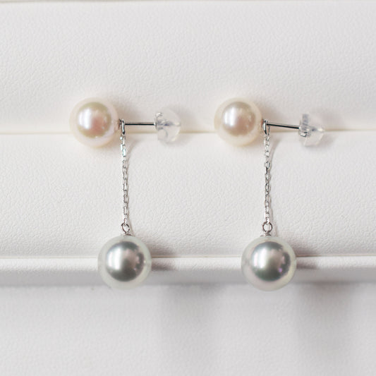 Rare White Pink & Natural color 7.5mm × 8mm earrings Real Seawater Akoya Pearl Japan K14WG reenspearl Akoyapearl both ears japanese あこや 真珠