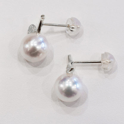 【K18YG / K18WG】Hanadama rank Whitepink 7.5mm - 8.5mm Earring Diamond 0.02ct Seawater Real Akoya Pearl Japan anniversary Earring Japanese Wedding Jewelry reenspearl