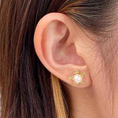 Rare White pink 5mm - 6mm Sea Real Akoya Pearl Earring K18YG Yellow Gold Plated Japan 1pair Japanese reenspearl birthday