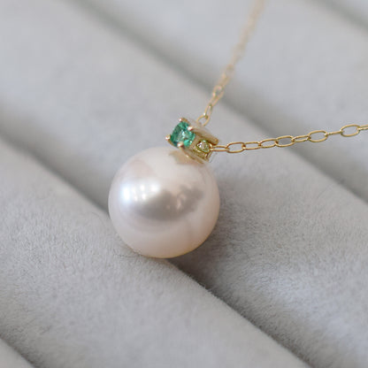 Hanadama rank White pink 8mm - 9.5mm Birthstone Emerald 10K pendant necklace Akoya Pearl Real Japan Seawater pearl