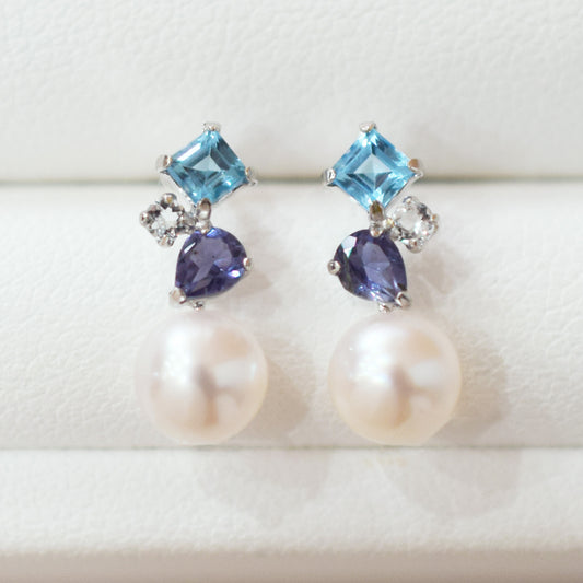 Hanadama rank Whitepink 6mm - 6.5mm K14WG Earrings Semi-precious stone Japan Blue topaz White topaz Iolite