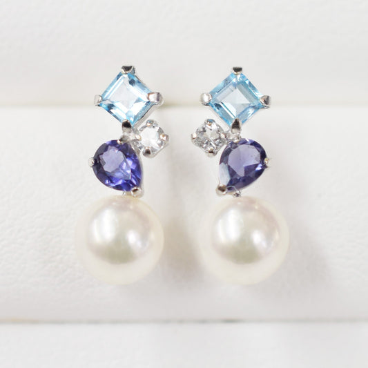 Hanadama rank Whitepink 5.5mm - 6.5mm K14WG Earrings Semi-precious stone Japan Blue topaz White topaz Iolite