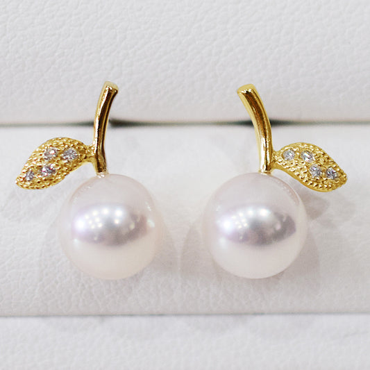 【K18YG / K18WG】Hanadama rank Whitepink 7.5mm - 8.5mm Earring Diamond 0.02ct Seawater Real Akoya Pearl Japan anniversary Earring Japanese Wedding Jewelry reenspearl