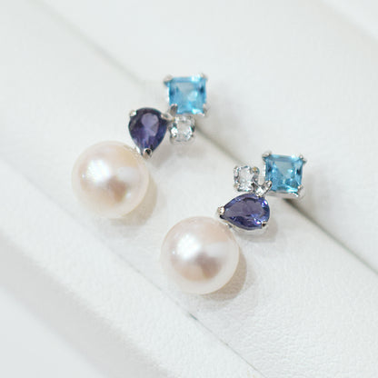 Hanadama rank Whitepink 6mm - 6.5mm K14WG Earrings Semi-precious stone Japan Blue topaz White topaz Iolite