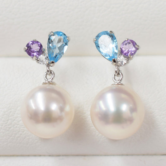 Hanadama rank Whitepink 7.5mm - 8.5mm Earrings Semi-precious stone Japan Blue topaz Light amethyst White Topaz あこや 真珠