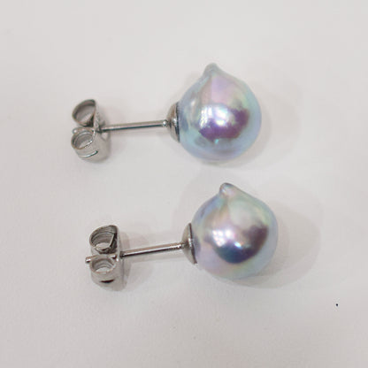 Limited to actual item Natural color akoya Baroque pearl 9.5mm - 10mm Surgical Stainless Steel Seawater Akoya Pearl Stud Earrings Japan