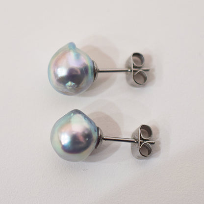 Limited to actual item Natural color akoya Baroque pearl 9.5mm - 10mm Surgical Stainless Steel Seawater Akoya Pearl Stud Earrings Japan