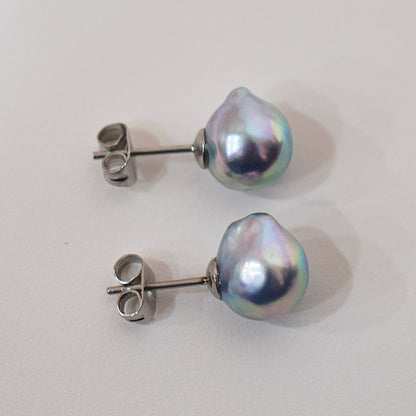 Limited to actual item Natural color akoya Baroque pearl 10mm - 10.5mm Surgical Stainless Steel Seawater Akoya Pearl Stud Earrings Japan